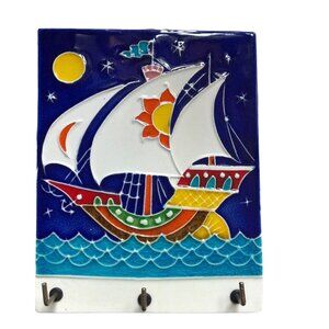 Vintage Luciano Saken Creazioni Italy Ceramic Key Holder Wall Tile Sailing Ship